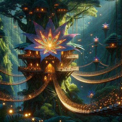 The primary subject of the image is a large, colorful flower with a yellow center, surrounded by a forest. The setting is a lush, green environment with a variety of trees and plants. The visual style is a digital art or illustration, creating a vibrant and whimsical atmosphere. The dominant colors are yellow, green, and blue, with the flower being the focal point of the scene.